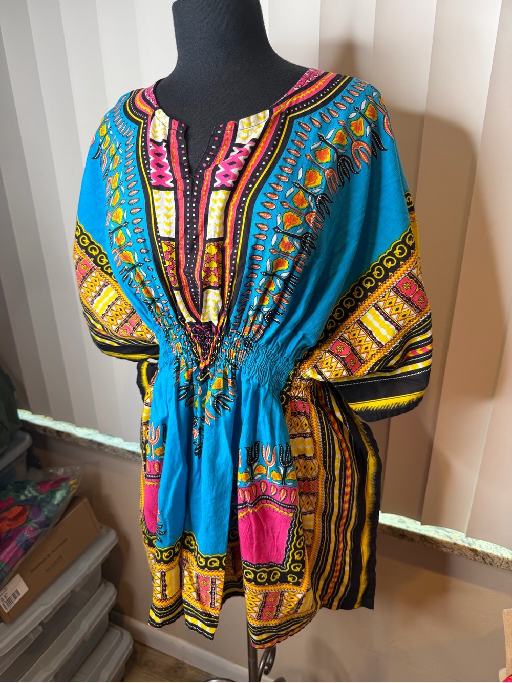 Jessica Taylor Vibrant Turquoise Boho V-Neck Tunic Hippie Retro Top Size Medium - Picture 4 of 8